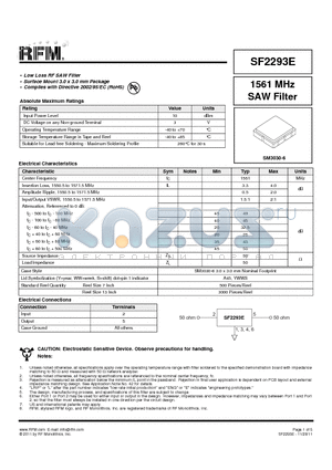 SF2293E datasheet - 1561 MHz SAW Filter