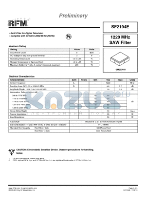 SF2194E datasheet - 1220 MHz SAW Filter