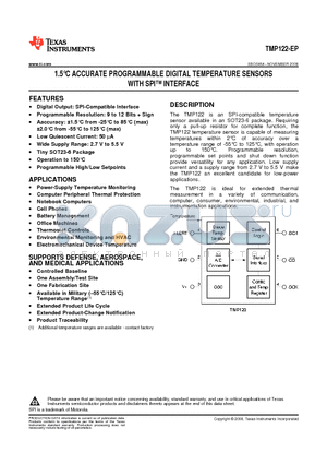 TMP122-EP_1 datasheet - 1.5`C ACCURATE PROGRAMMABLE DIGITAL TEMPERATURE SENSORS WITH SPI INTERFACE