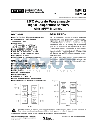 TMP124 datasheet - 1.5`C Accurate Programmable Digital Temperature Sensors with SPI Interface