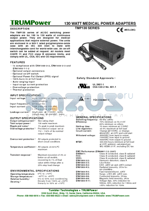 TMP130-12 datasheet - 130 WATT MEDICAL POWER ADAPTERS