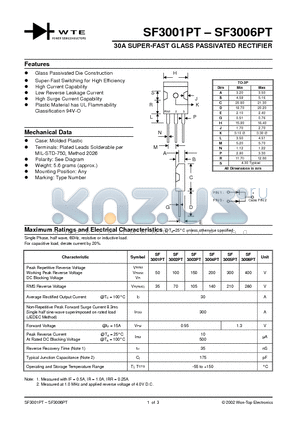 SF3001PT datasheet - 30A SUPER-FAST GLASS PASSIVATED RECTIFIER