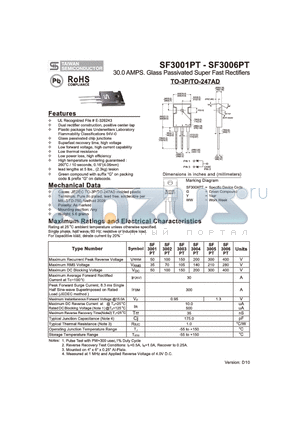 SF3001PT datasheet - 30.0 AMPS. Glass Passivated Super Fast Rectifiers