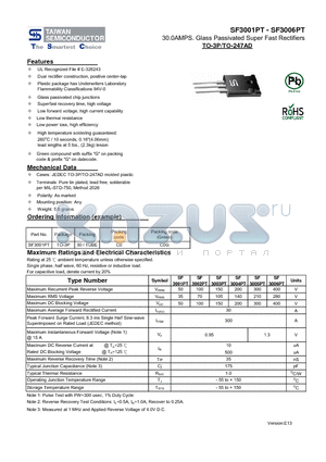 SF3001PT_13 datasheet - 30.0AMPS. Glass Passivated Super Fast Rectifiers