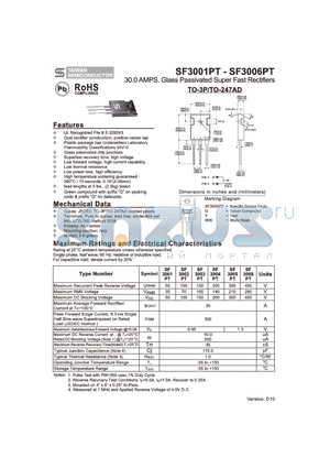 SF3003PT datasheet - 30.0 AMPS. Glass Passivated Super Fast Rectifiers