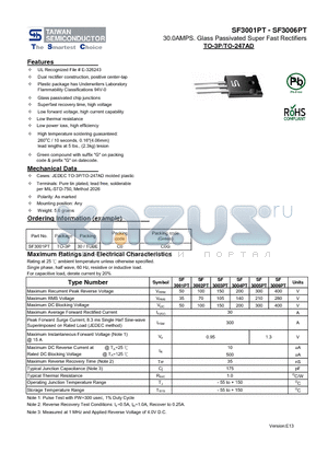 SF3006PT datasheet - 30.0AMPS. Glass Passivated Super Fast Rectifiers