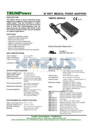 TMP30-09 datasheet - 30 WATT MEDICAL POWER ADAPTERS