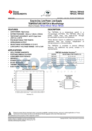 TMP302CDRLT datasheet - Easy-to-Use Low-Power Low-Supply TEMPERATURE SWITCH in MicroPackage