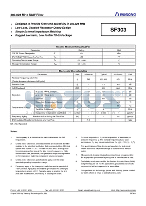 SF303 datasheet - 303.825 MHz SAW Filter