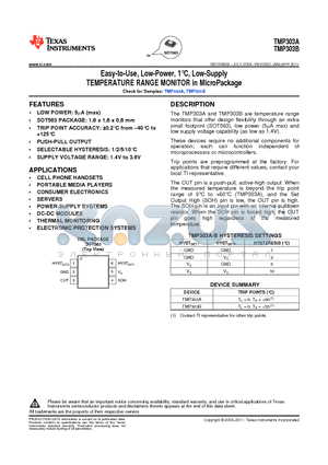 TMP303A datasheet - Easy-to-Use, Low-Power, 1`C, Low-Supply TEMPERATURE RANGE MONITOR in MicroPackage