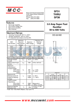 SF31 datasheet - 3.0 Amp Super Fast Rectifier 50 to 600 Volts