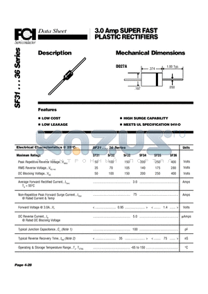 SF31 datasheet - 3.0 Amp SUPER FAST PLASTIC RECTIFIERS