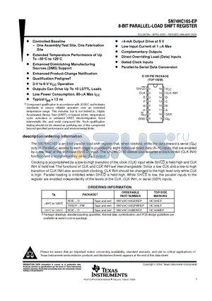 SN74HC165-EP datasheet - 8-BIT PARALLEL-LOAD SHIFT REGISTER