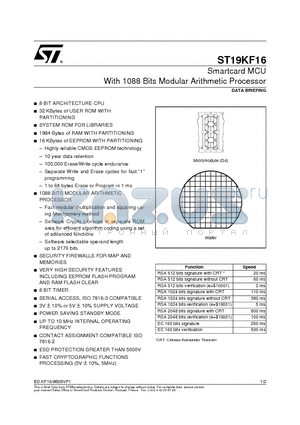 ST19KF16 datasheet - Smartcard MCU With 1088 Bits Modular Arithmetic Processor