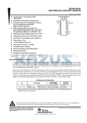 SN74HC165QDRQ1 datasheet - 8-BIT PARALLEL-LOAD SHIFT REGISTER