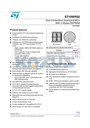 ST19WR02_06 datasheet - Dual Contactless Smartcard MCU With 2 Kbytes EEPROM