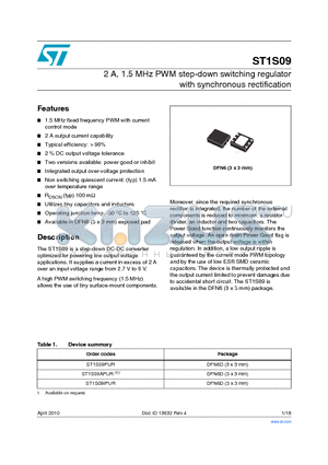 ST1S09PUR datasheet - 2 A, 1.5 MHz PWM step-down switching regulator with synchronous rectification