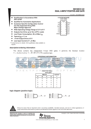 SN74HC21-Q1 datasheet - DUAL 4-INPUT POSITIVE-AND GATE