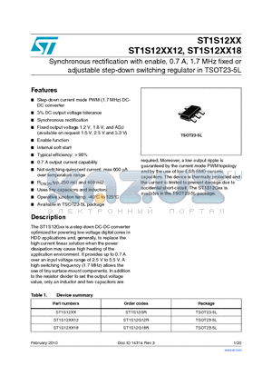 ST1S12G12R datasheet - Synchronous rectification with enable, 0.7 A, 1.7 MHz fixed or adjustable step-down switching regulator in TSOT23-5L