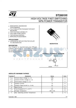 ST2001HI datasheet - HIGH VOLTAGE FAST-SWITCHING NPN POWER TRANSISTOR