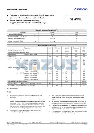 SF433E datasheet - 433.92 MHz SAW Filter