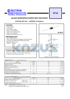 SF44 datasheet - GLASS PASSIVATED SUPER FAST RECTIFIER VOLTAGE 200 Volts CURRENT 4.0 Amperes