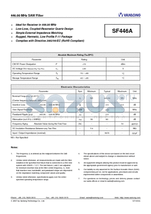 SF446A datasheet - 446.00 MHz SAW Filter