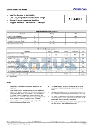 SF446B datasheet - 446.00 MHz SAW Filter