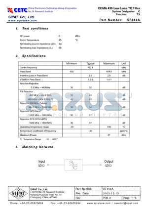 SF453A datasheet - CDMA 450 Low Loss TX Filter