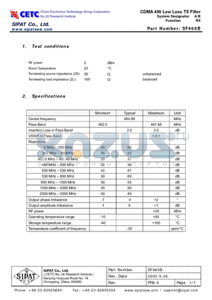 SF465B datasheet - CDMA 450 Low Loss TX Filter