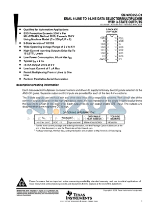 SN74HC253-Q1 datasheet - DUAL 4-LINE TO 1-LINE DATA SELECTOR/MULTIPLEXER WITH 3-STATE OUTPUTS