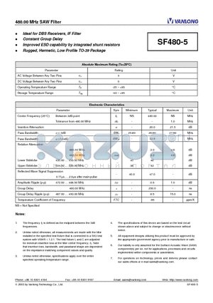 SF480-5 datasheet - 480.00 MHz SAW Filter