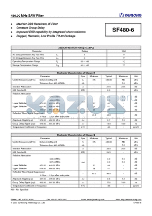 SF480-6 datasheet - 480.00 MHz SAW Filter