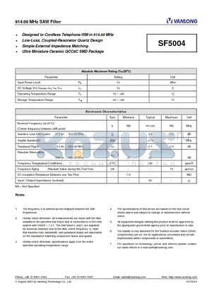 SF5004 datasheet - 914.00 MHz SAW Filter