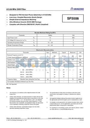 SF5006 datasheet - 915.00 MHz SAW Filter