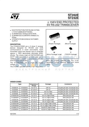 ST202E datasheet - a 15KV ESD PROTECTED 5V RS-232 TRANSCEIVER