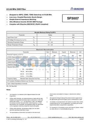 SF5007 datasheet - 915.00 MHz SAW Filter