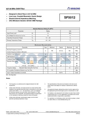 SF5012G datasheet - 927.00 MHz SAW Filter