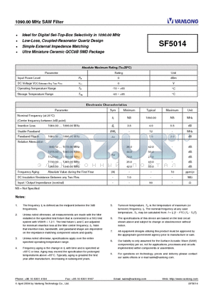 SF5014 datasheet - 1090.00 MHz SAW Filter