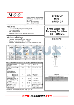 SF501GP datasheet - 5 Amp Surper Fast 50 - 4 00 Volts Recovery Rectifiers