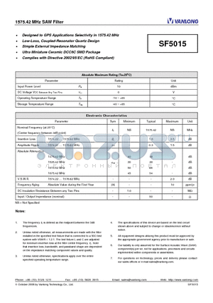 SF5015 datasheet - 1575.42 MHz SAW Filter