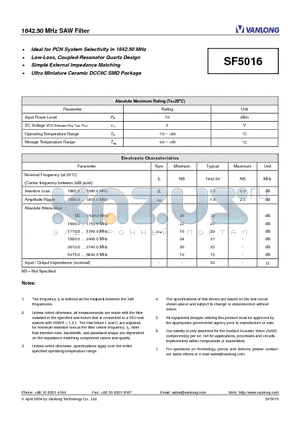 SF5016 datasheet - 1842.50 MHz SAW Filter