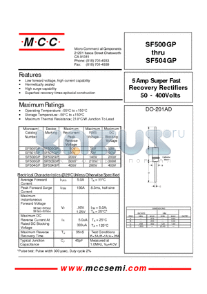 SF500GP datasheet - 5 Amp Surper Fast 50 - 4 00 Volts Recovery Rectifiers