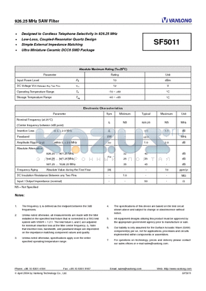 SF5011 datasheet - 926.25 MHz SAW Filter