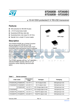 ST202ECDR datasheet - /- 15 kV ESD protected 5 V RS-232 transceiver