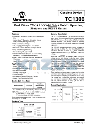 TC1306R-BDVUA datasheet - Dual 150mA CMOS LDO With Select Mode Operation, Shutdown and RESET Output