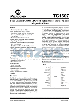 TC1307 datasheet - Four-Channel CMOS LDO with Select Mode, Shutdown and Independent Reset