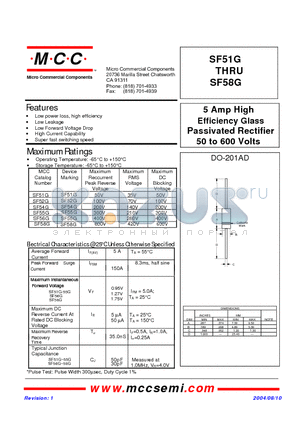 SF52G datasheet - 5 Amp High Efficiency Glass Passivated Rectifier 50 to 600 Volts