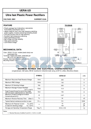 UERA12D datasheet - Ultra fast Plastic Power Rectifiers VOLTAGE: 200V CURRENT:12.0A