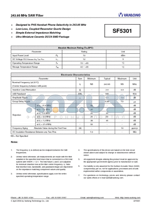 SF5301 datasheet - 243.95 MHz SAW Filter